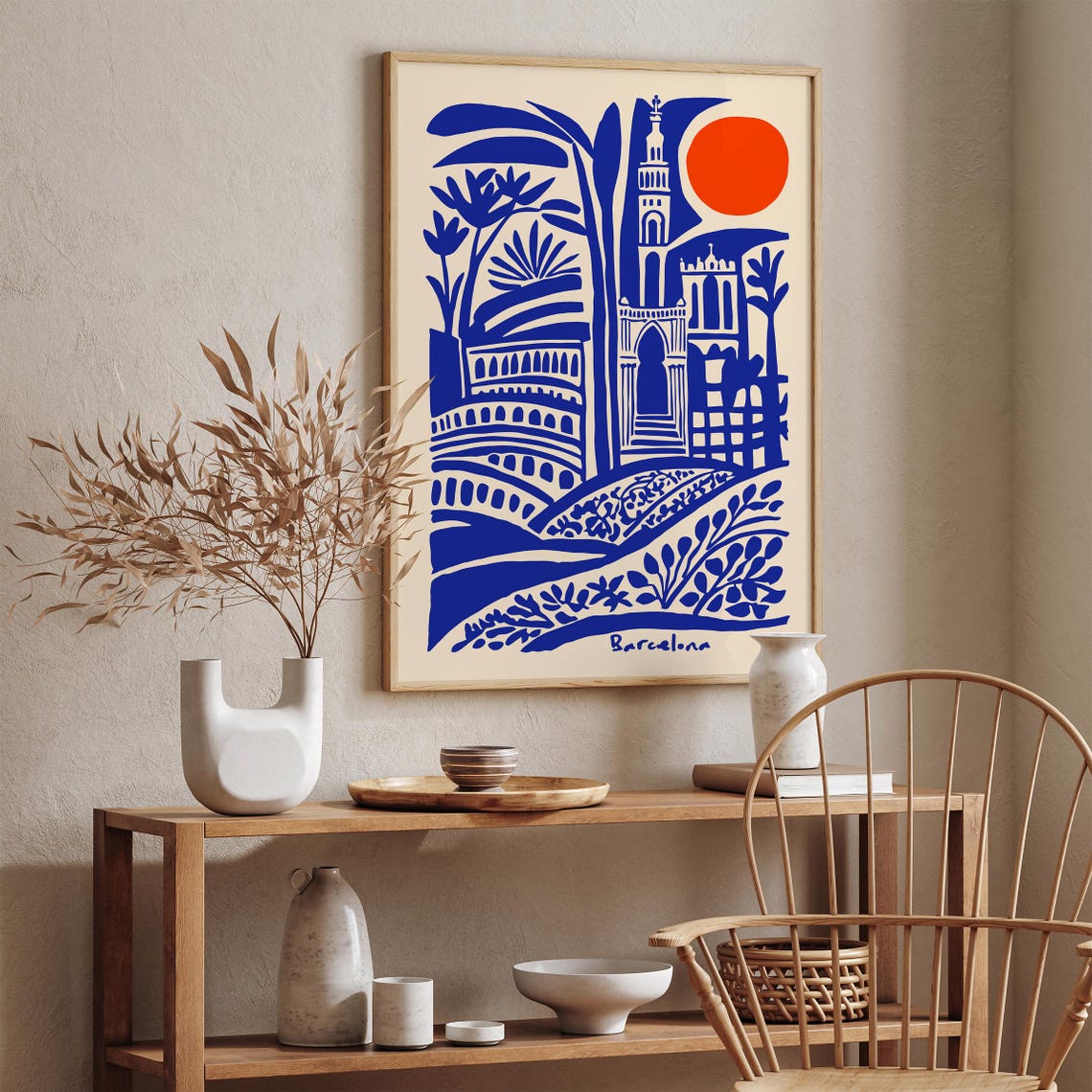 Barcelona Blue Indigo Architecture Red Sun Abstract Art Poster - Image 3