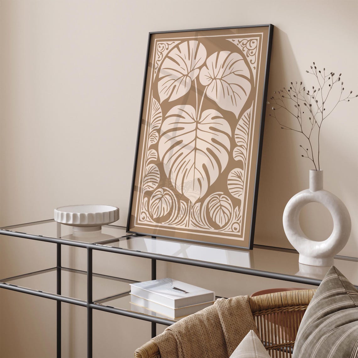 Beige Monstera Leaf Botanical Illustration Poster In Warm Tones - Image 3