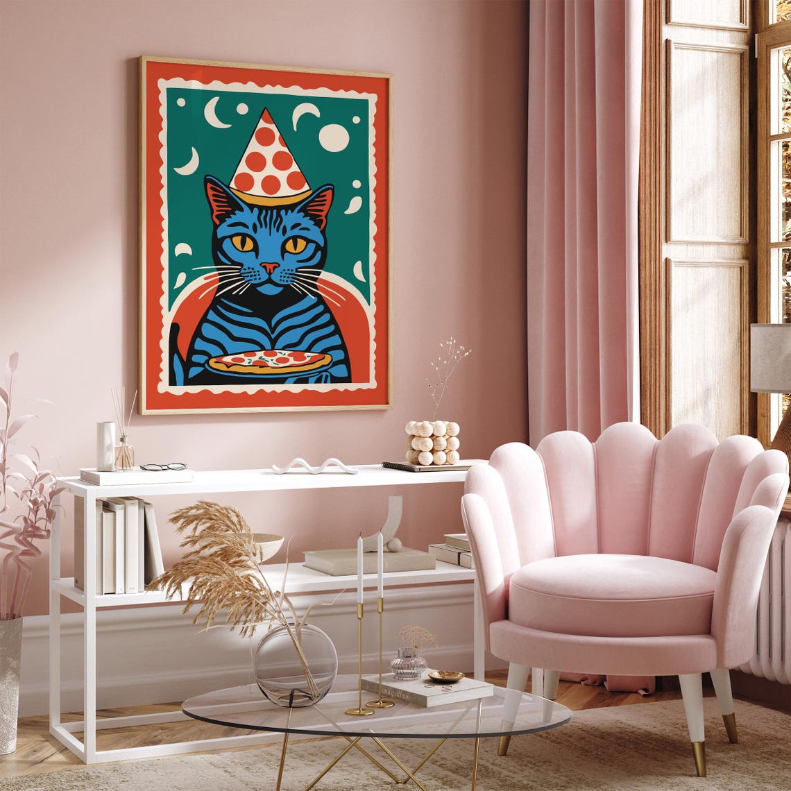 Blue Cat Pizza Party Hat Retro Pop Art Funny Animal Art Print - Image 2