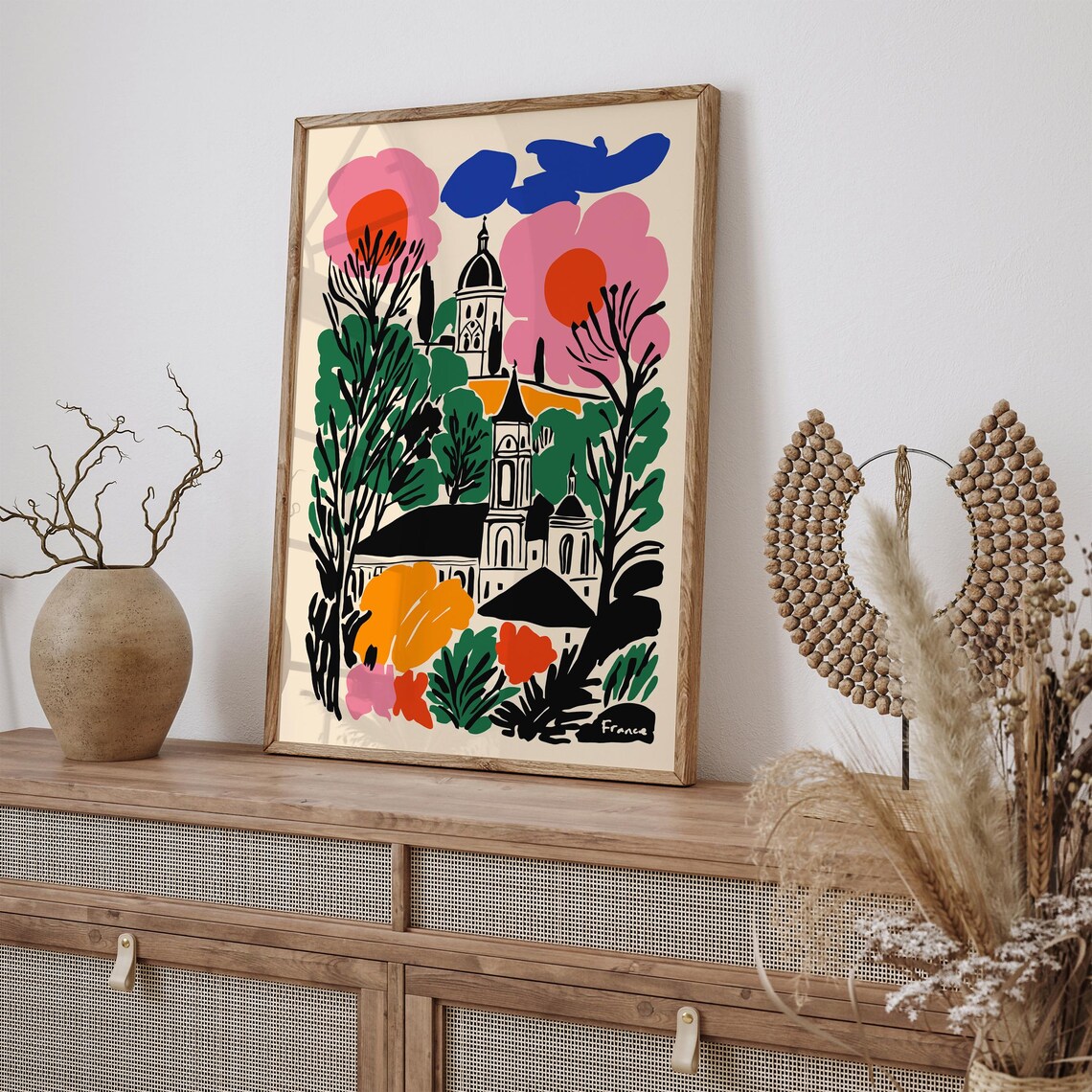 Colorful France Village Poster With Church and Pink Summer Clouds - Image 2