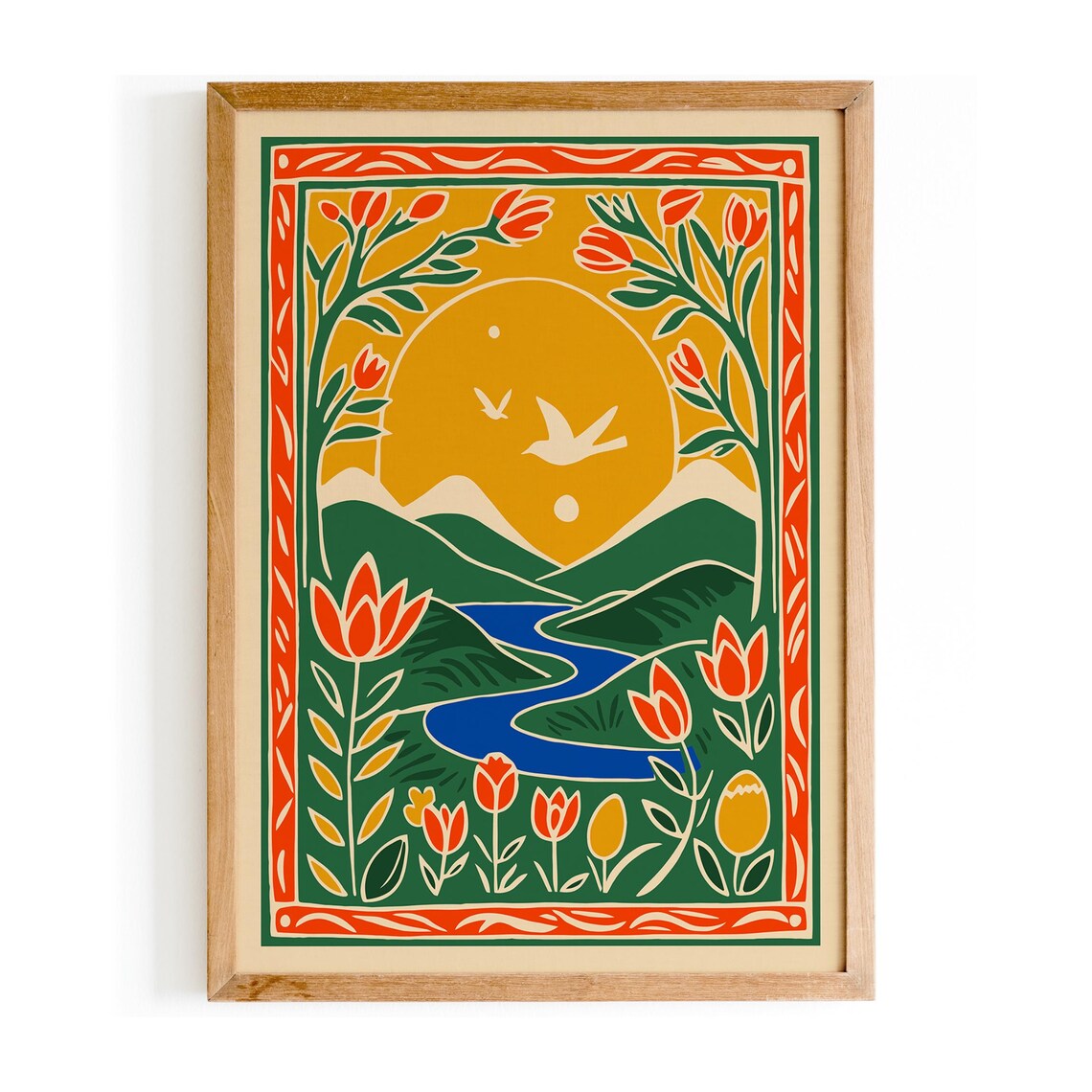 Folk Mountain River Golden Sunset Tulips Birds Spring Art Poster
