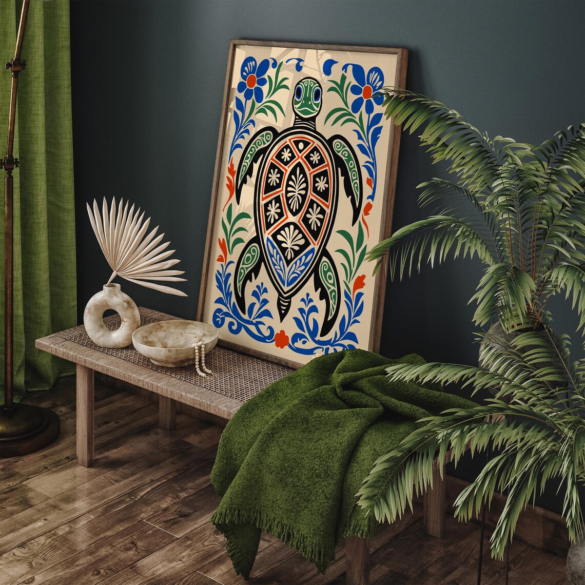 Folk Art Sea Turtle Floral Coastal Ocean Illustration Poster - Image 4