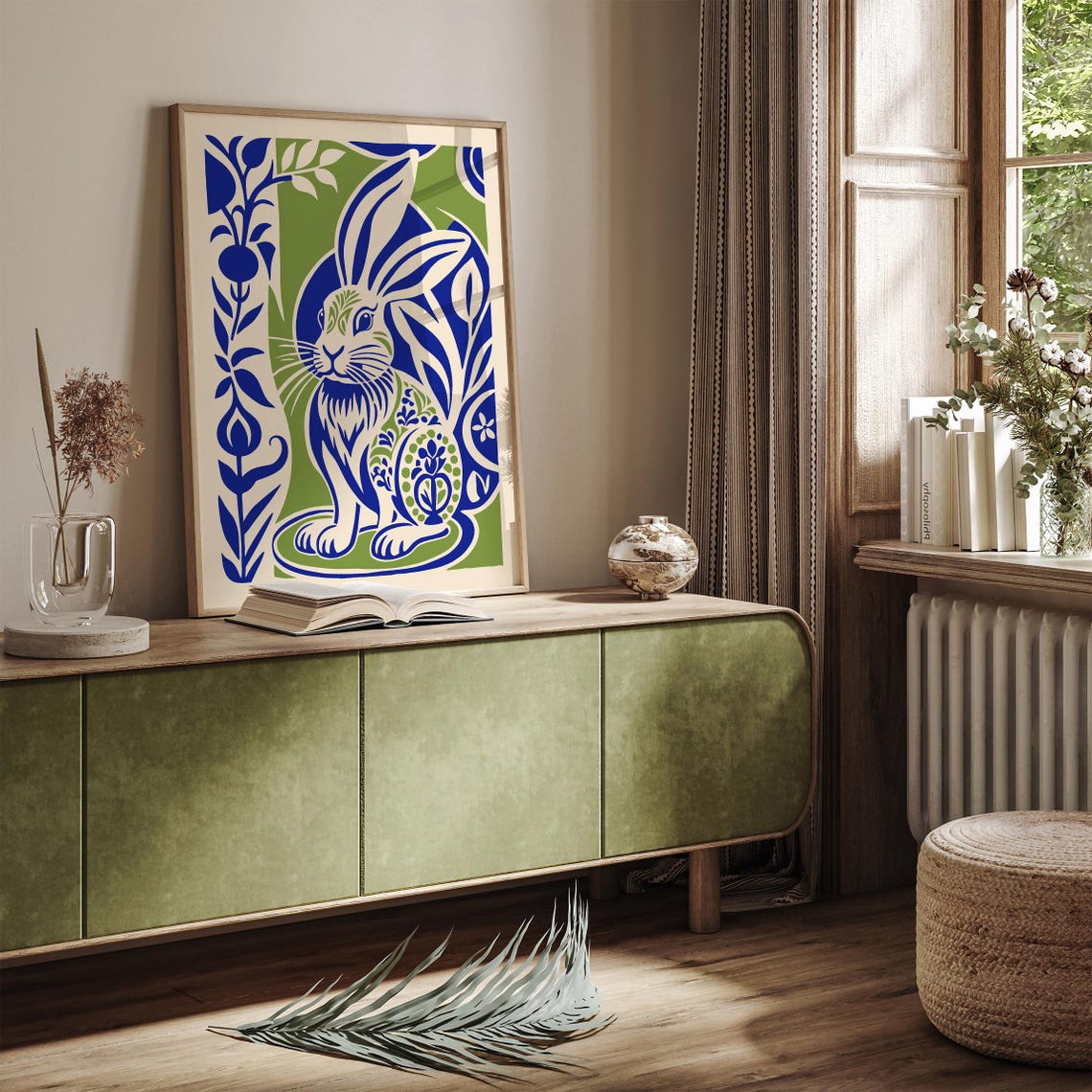 Blue Green Botanical Rabbit Modern Boho Nature Wall Decor Poster - Image 3