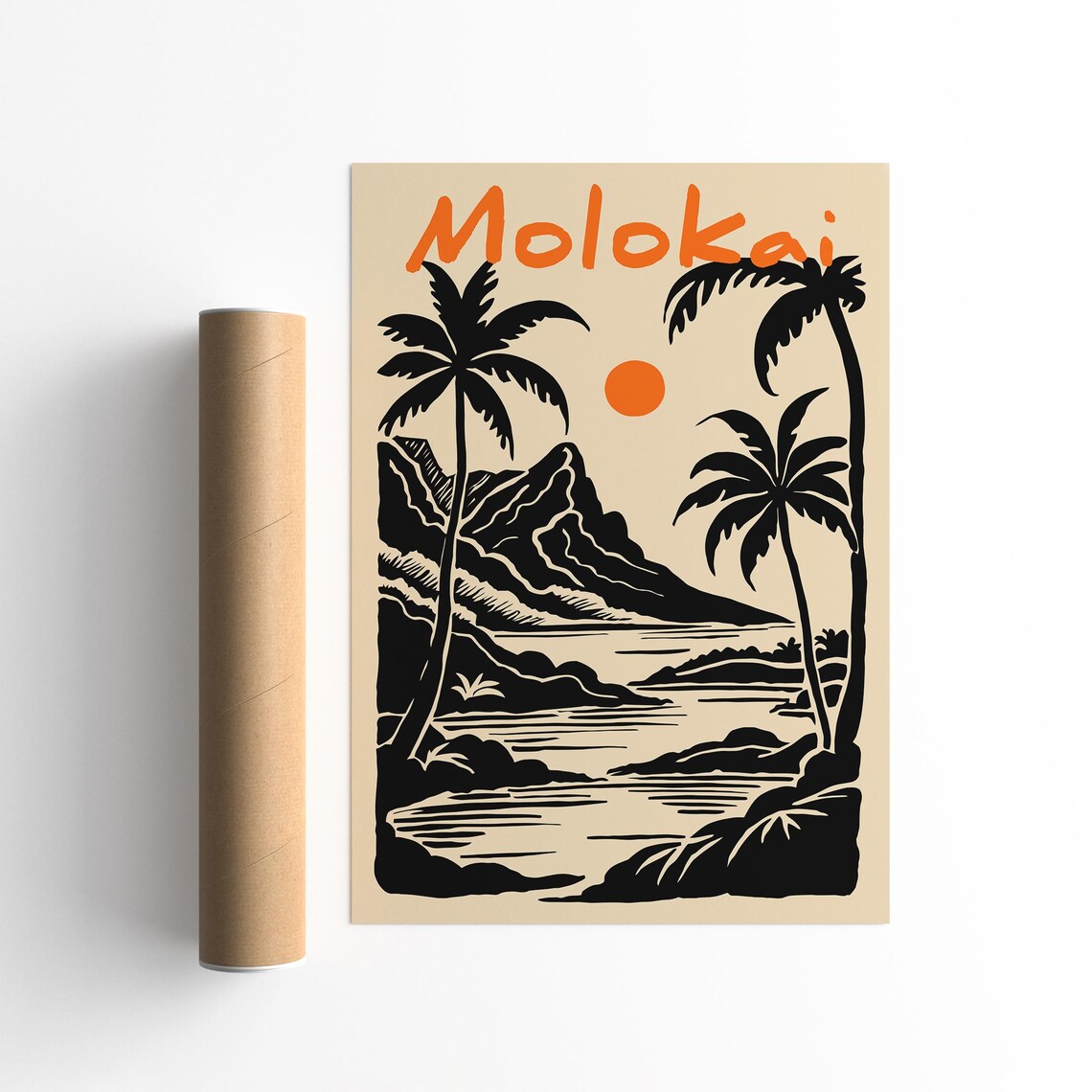 Molokai Hawaii Retro Travel Poster Palm Trees Mountain Sun Art Poster