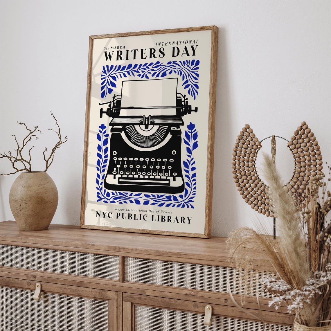 Gift International Writers Day Black Typewriter Blue Leaf Poster - Image 2