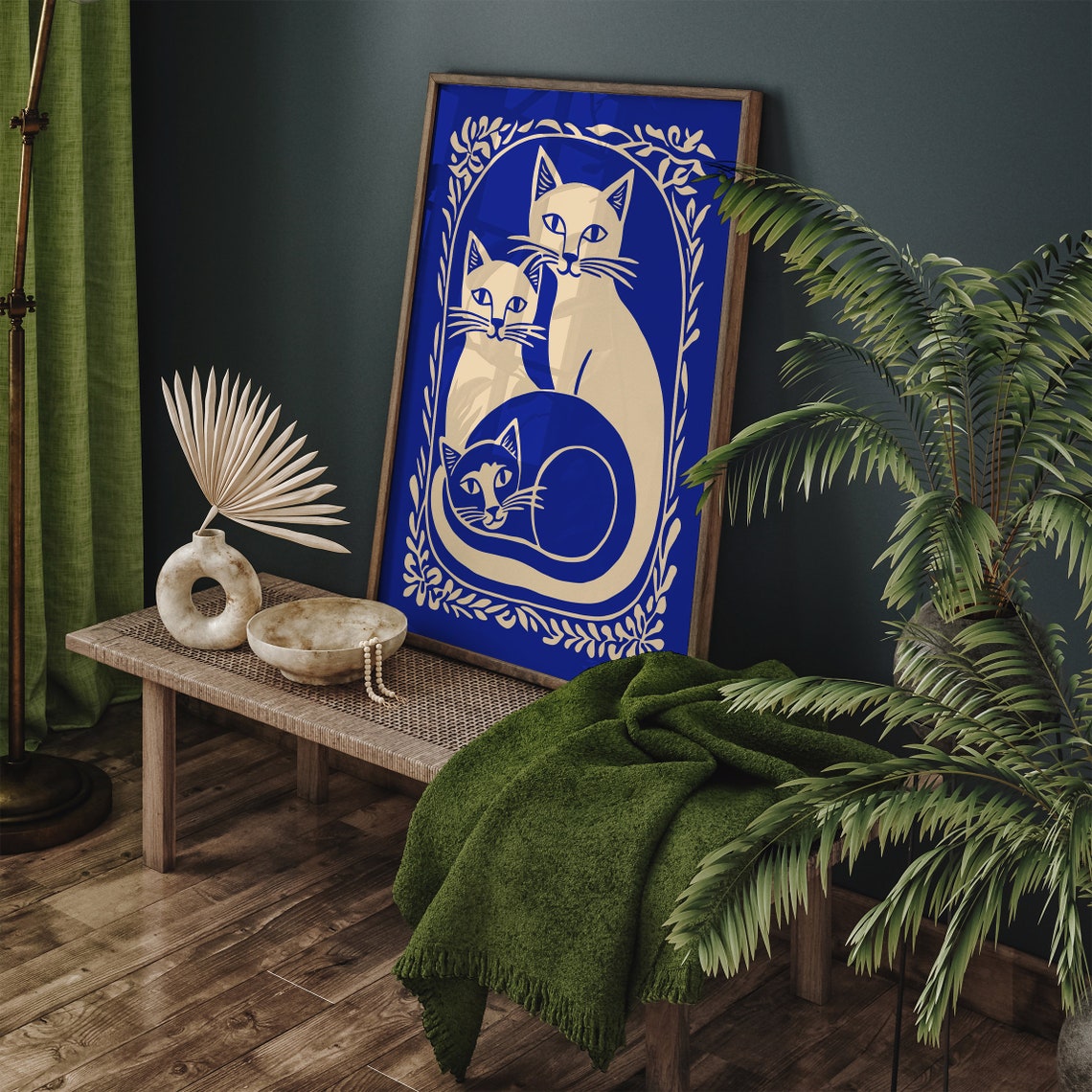 Blue and Cream Cat Trio Floral Frame Whimsical Style Art Poster - Image 2