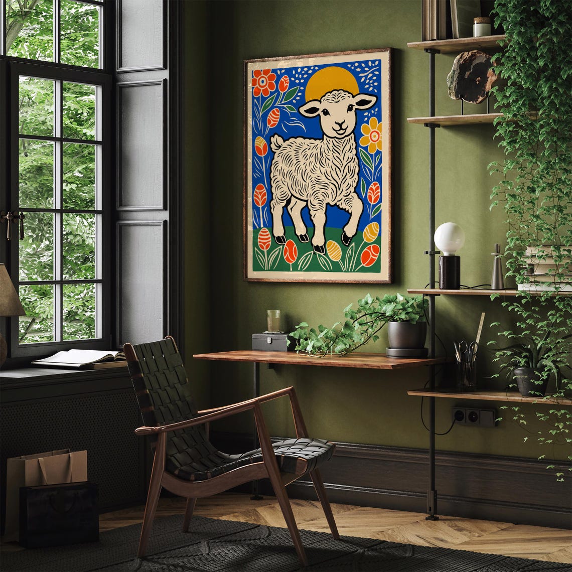 Folk Art Easter Lamb Poster With Colorful Eggs And Spring Flowers - Image 3