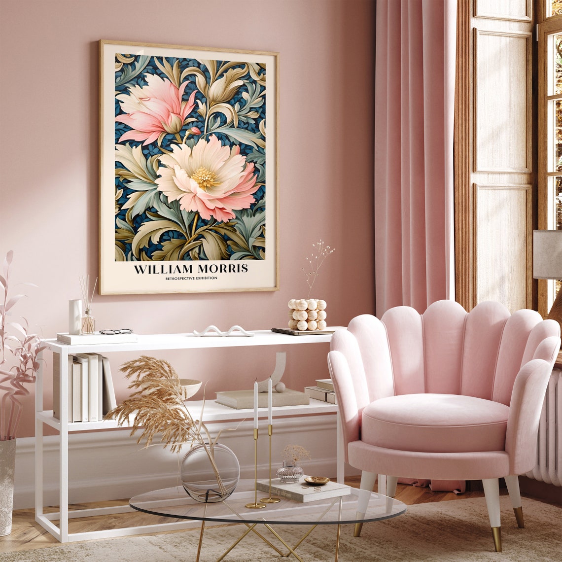 William Morris Retrospective Exhibition Pink Floral Art Poster - Image 3