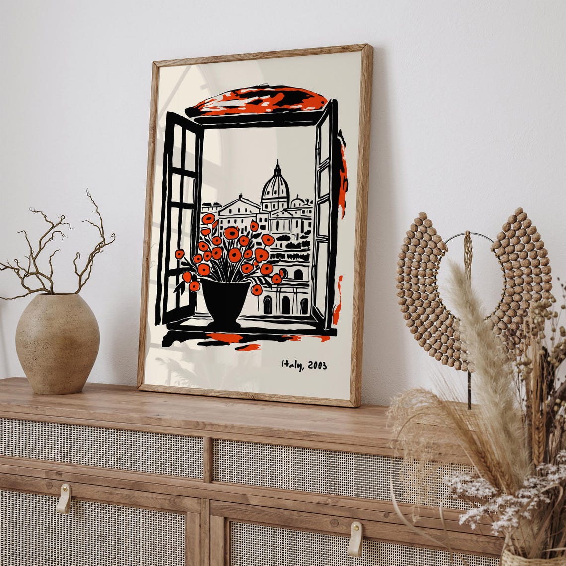 Italy 2003 Open Window Rome Dome Red Poppy Flowers Ink Sketch Poster - Image 2