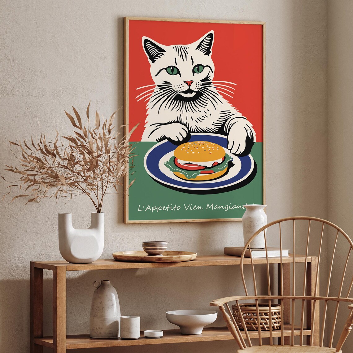 Funny White Cat Eating Burger Italian Poster L'Appetito Vien Mangiando - Image 3