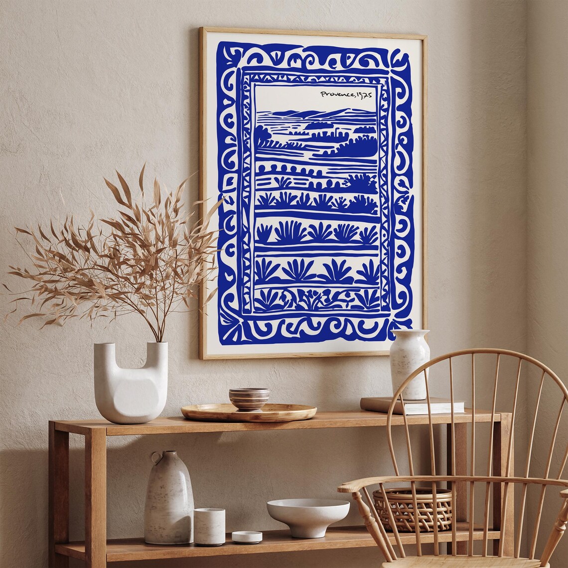 Provence 1975 Blue French Countryside Landscape Linocut Poster - Image 5