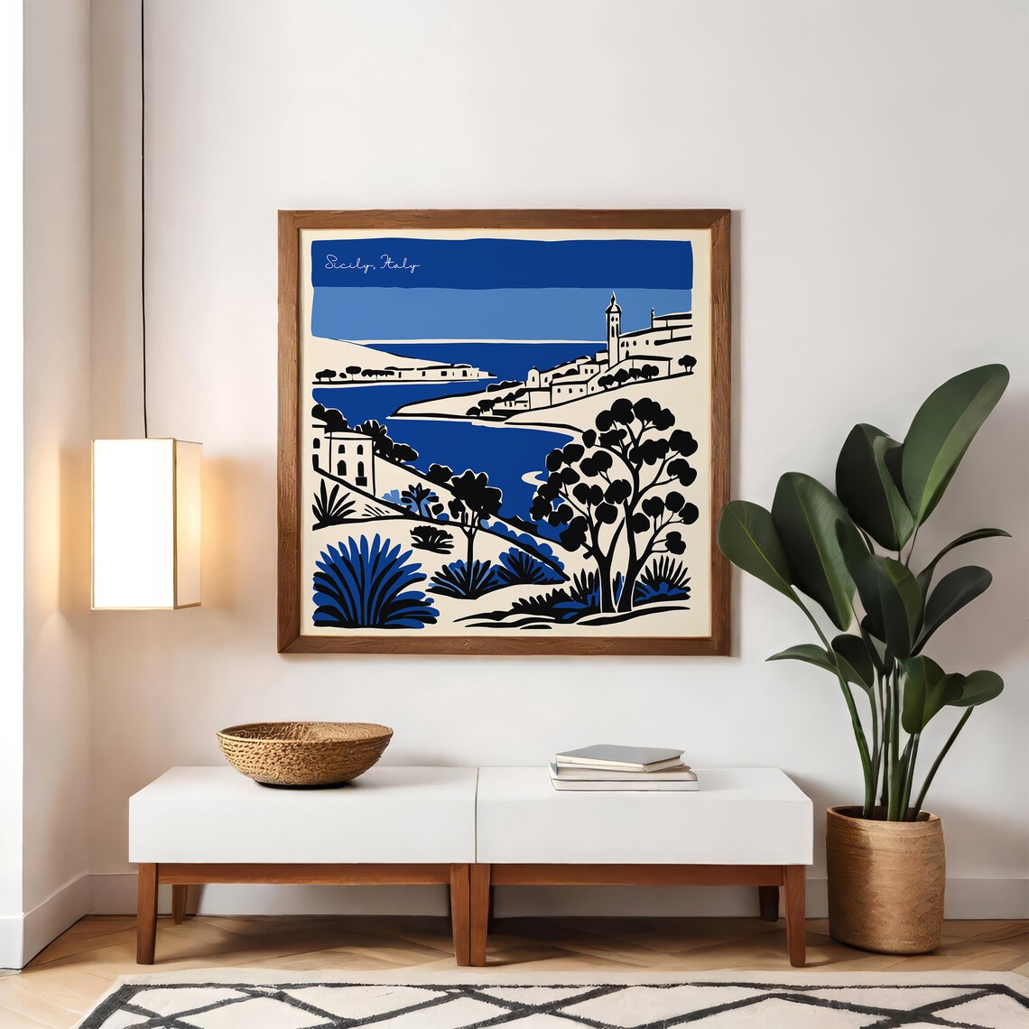 Lovely Sicily Italy Coastal Village Indigo Ink Illustration Poster - Image 5