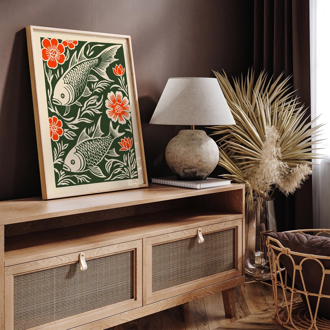 Japanese Koi Fish Pair Red Floral Green Linocut Style Art Poster - Image 4