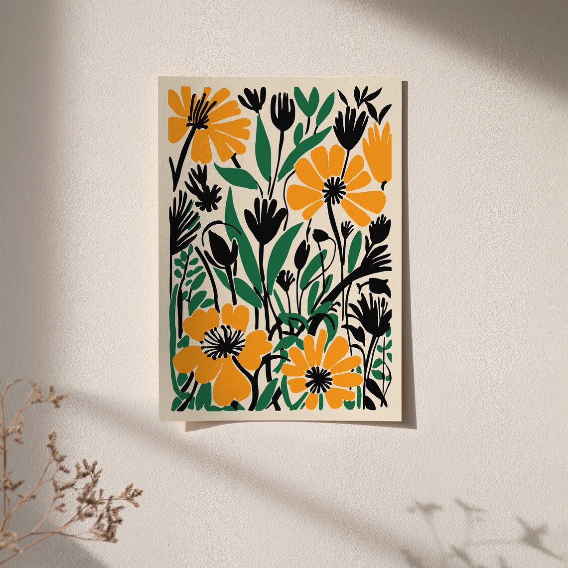 Bold Modern Floral Abstract Poster Orange Black and Green Blooms - Image 5