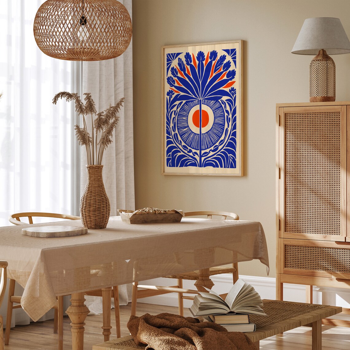 Blue Orange Abstract Floral Sun Linocut Style Modern Art Print - Image 4