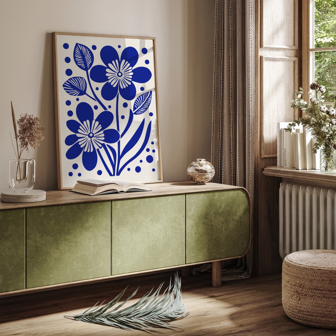 Royal Blue Indigo Flowers Bold Botanical Folk Style Art Print - Image 6