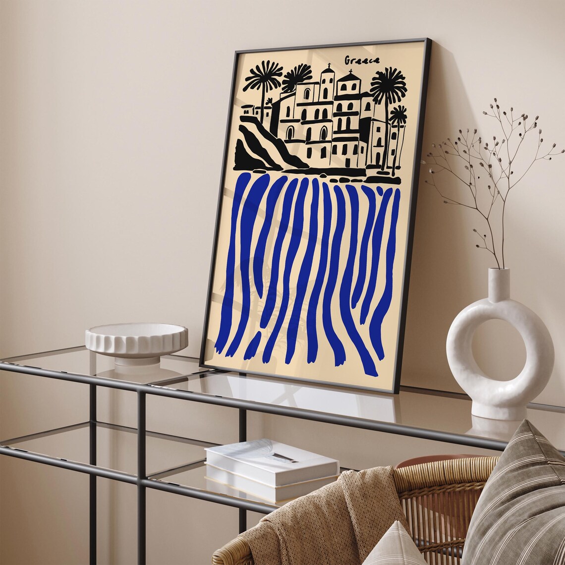 Greece Coastal Village Blue Black Striped Sea Waves Travel Poster - Image 4