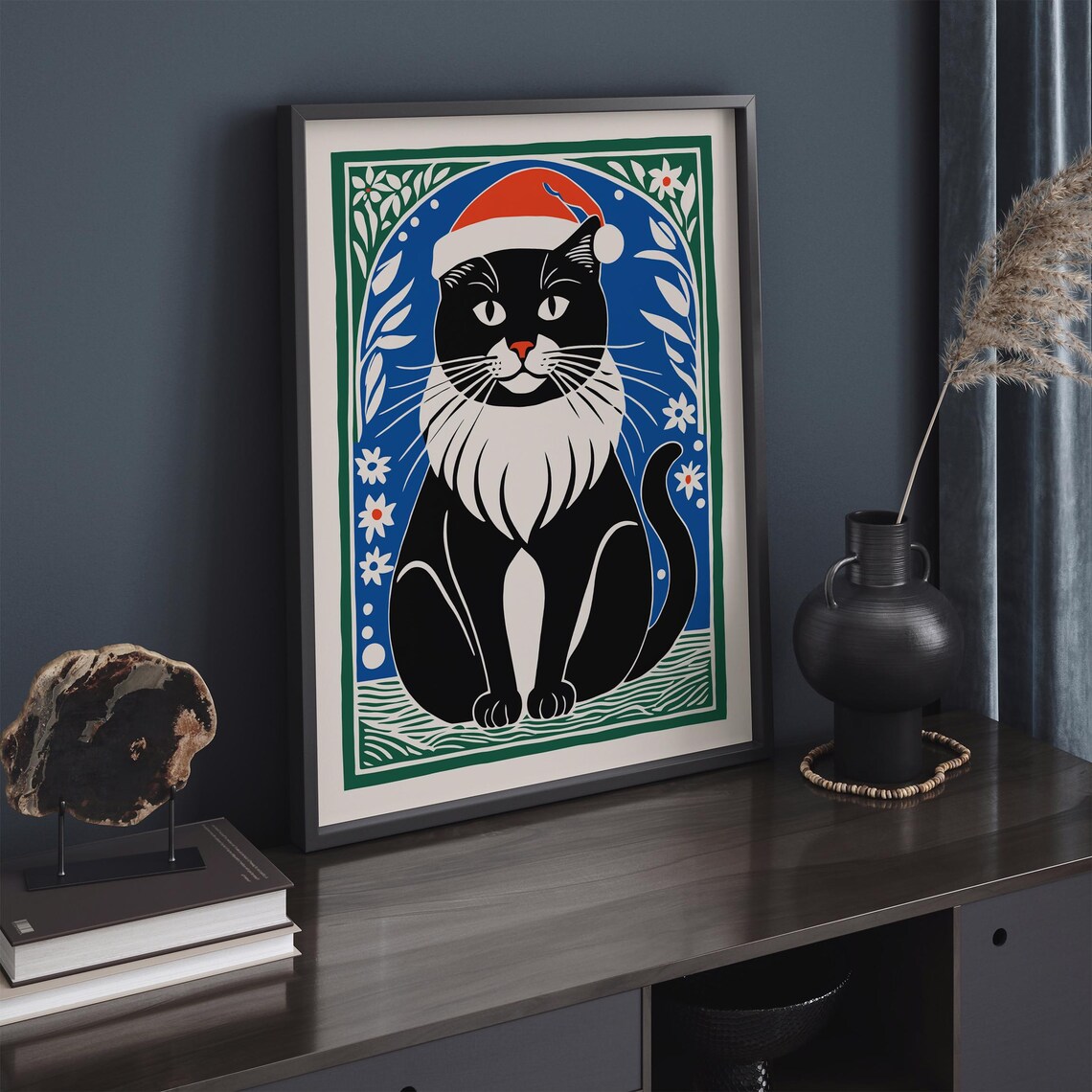 Black Tuxedo Cat in Santa Hat Holiday Portrait Winter Season Poster - Image 5