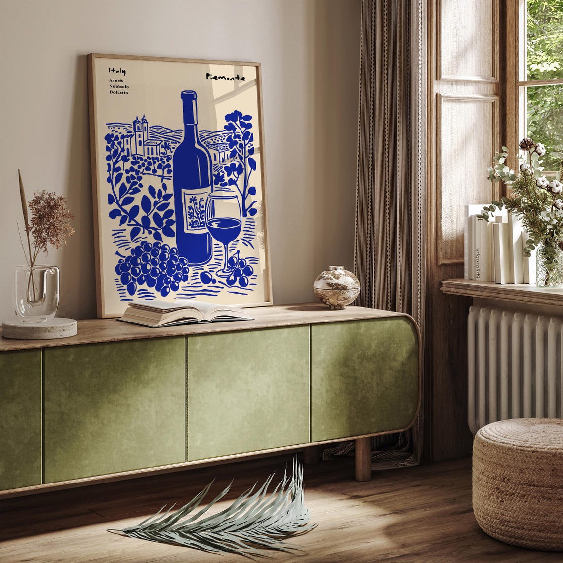 Piemonte Italy Wine Blue Ink Vineyard Bottle Glass Travel Poster - Image 2
