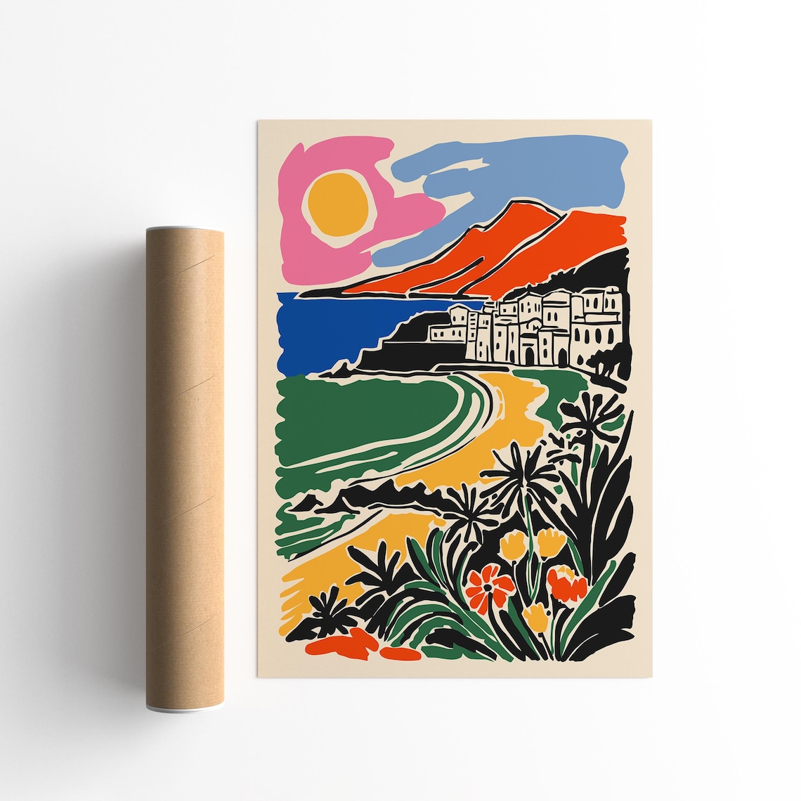 Colorful Mediterranean Coastal Town Sunset Beach Travel Poster