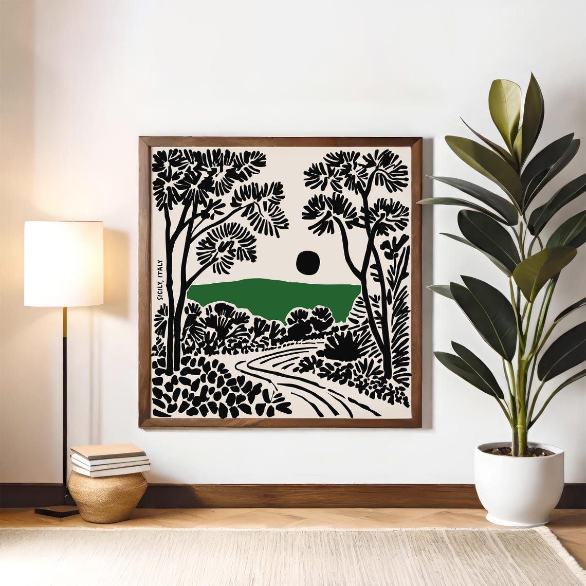 Sicily Italy Black Ink Pine Tree Landscape Linocut Travel Poster - Image 5