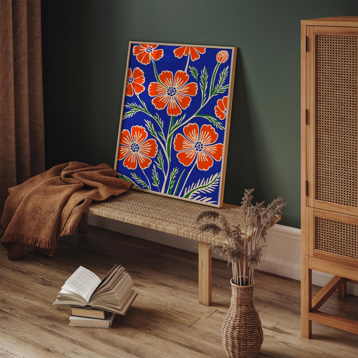Beautiful Red Orange Flowers on Cobalt Blue Botanical Poster - Image 5