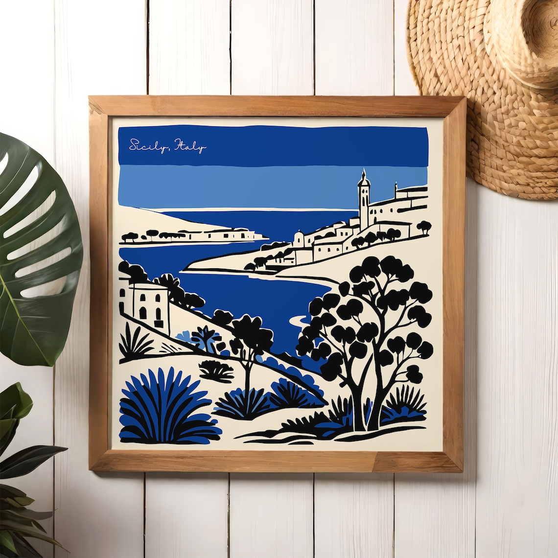 Lovely Sicily Italy Coastal Village Indigo Ink Illustration Poster