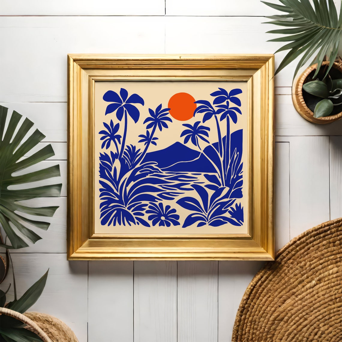 Tropical Sunset Poster With Blue Palms And Blazing Orange Sun - Image 6
