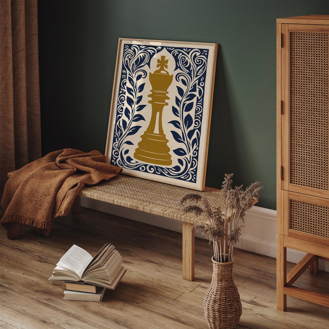 Gold Chess King Navy Botanical Linocut Style Game Room Poster - Image 4
