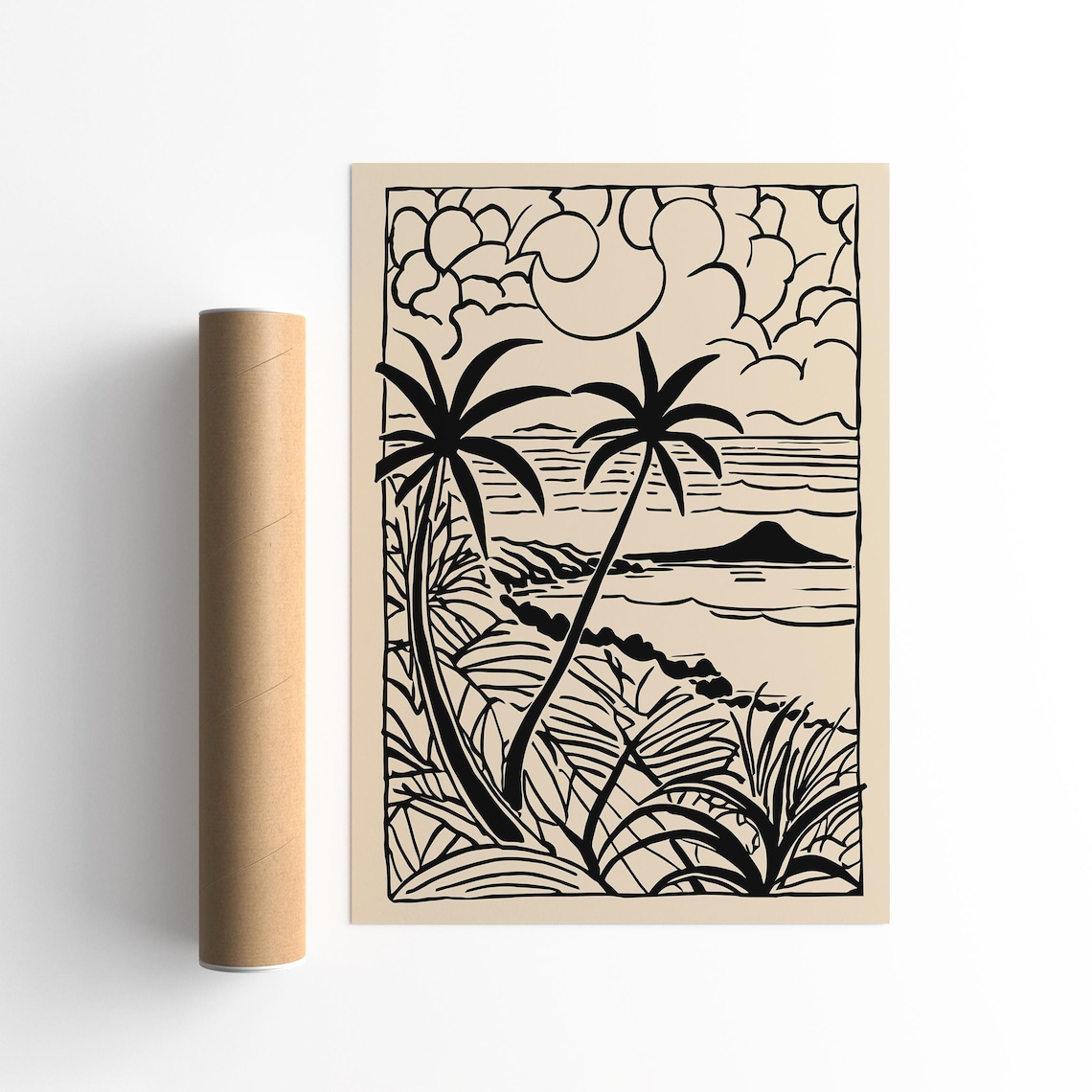 Thailand Palm Beach Black Beige Linocut Minimalist Travel Poster