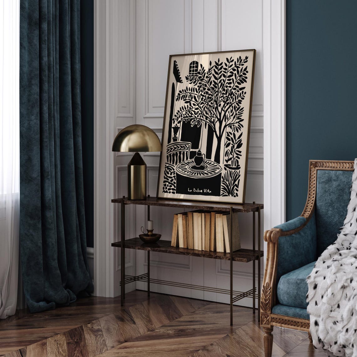 La Dolce Vita Italian Garden Courtyard Black Beige Art Poster - Image 5