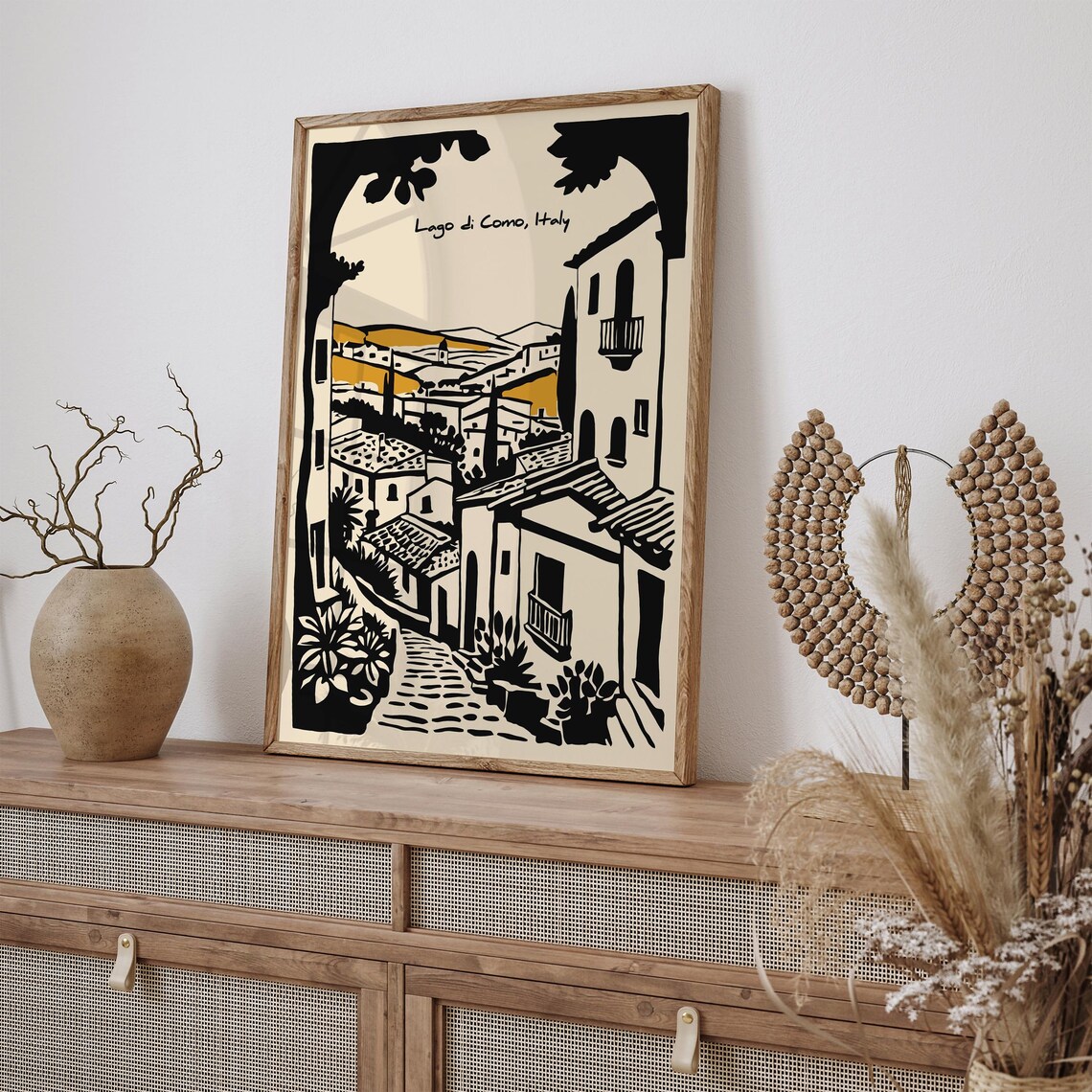 Romantic Lago Di Como Italy Village Street Poster In Black Ink - Image 4