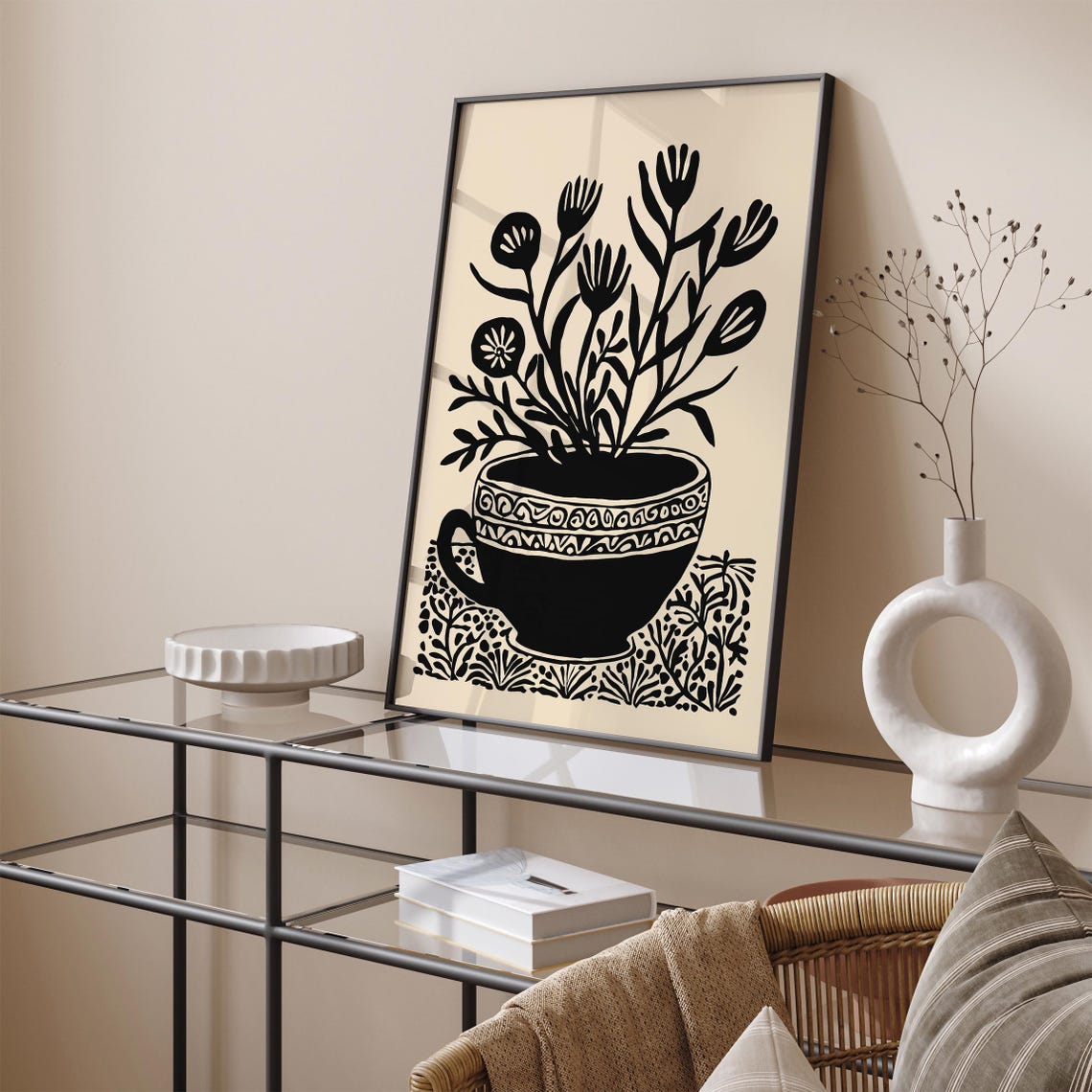 Black Ink Flowers in a Teacup Minimalist Botanical Illustration Poster - Image 5