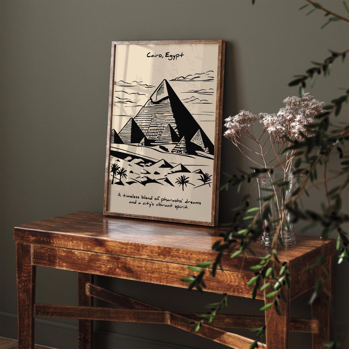 Cairo Egypt Pyramids Black Ink Line Drawing Desert Travel Poster - Image 4