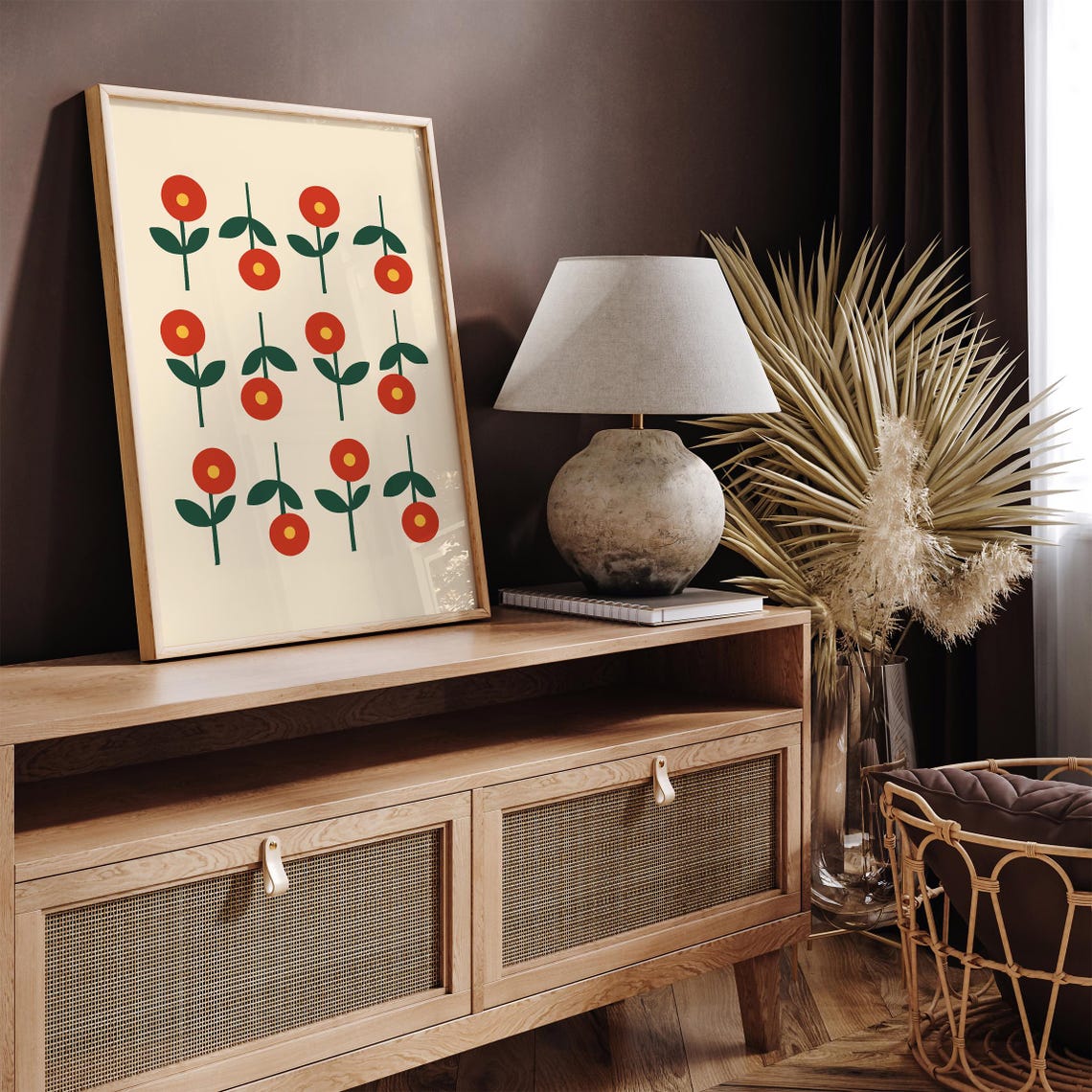 Mid Century Modern Red Flowers Simple Floral Pattern Art Print - Image 3