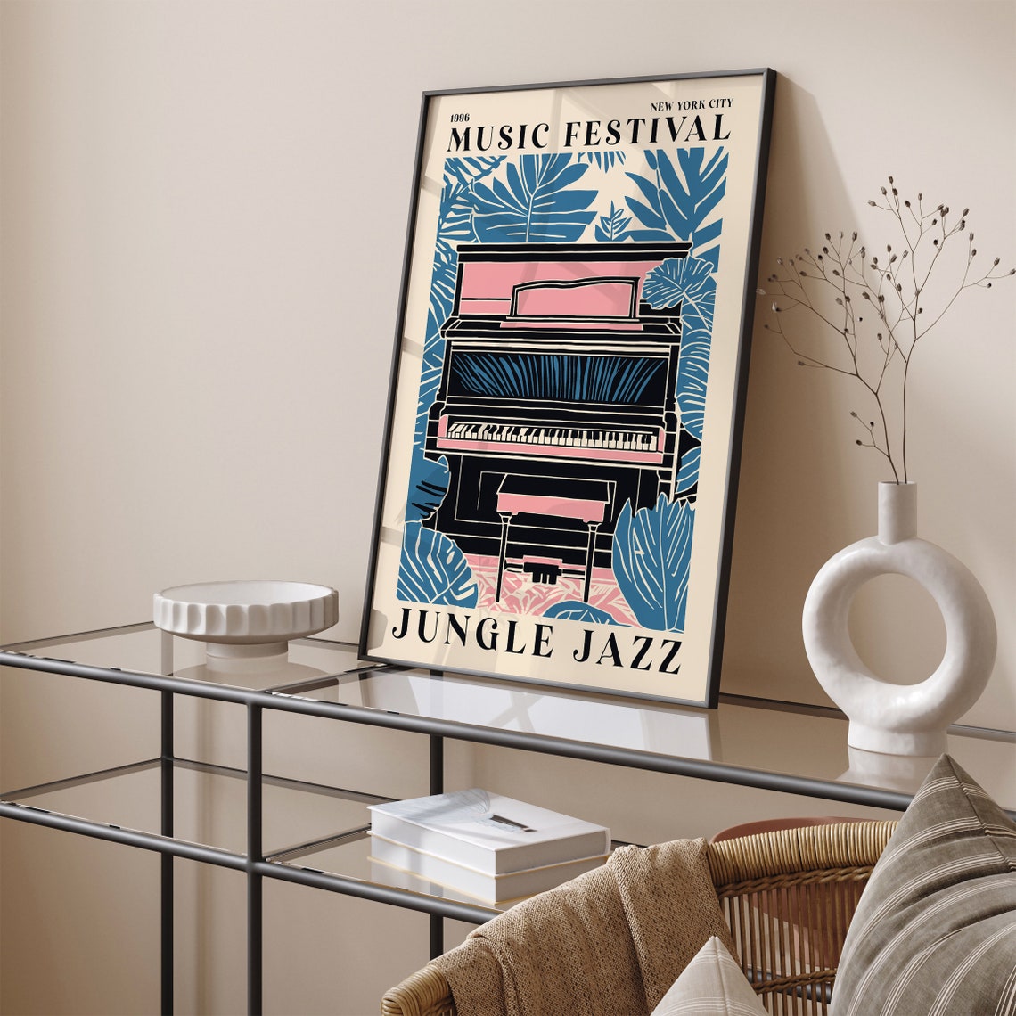 Vintage New York City Music Festival Jungle Jazz Poster Retro Piano Tropical Leaves Wall Art Collectible Music Poster Blue Pink Version - Image 3
