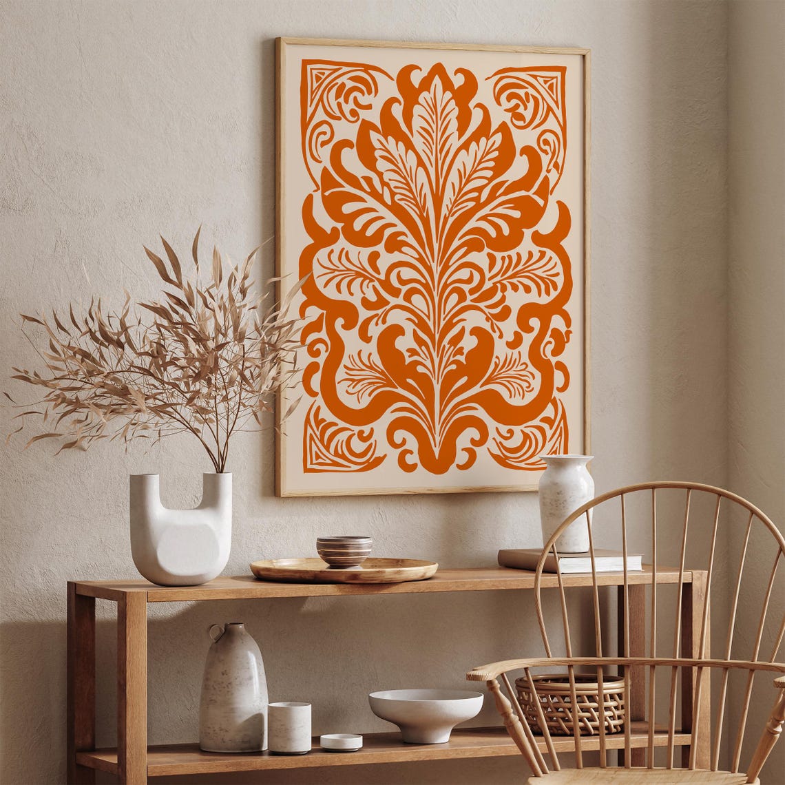 Ornate Burnt Orange Victorian Damask Pattern Poster On Cream - Image 5