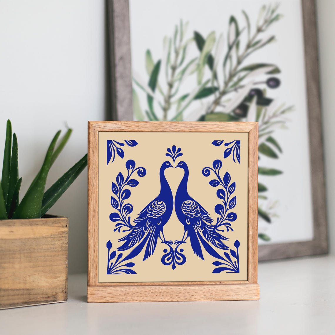 Art Nouveau Blue Peacocks Symmetrical Square Decorative Poster - Image 6