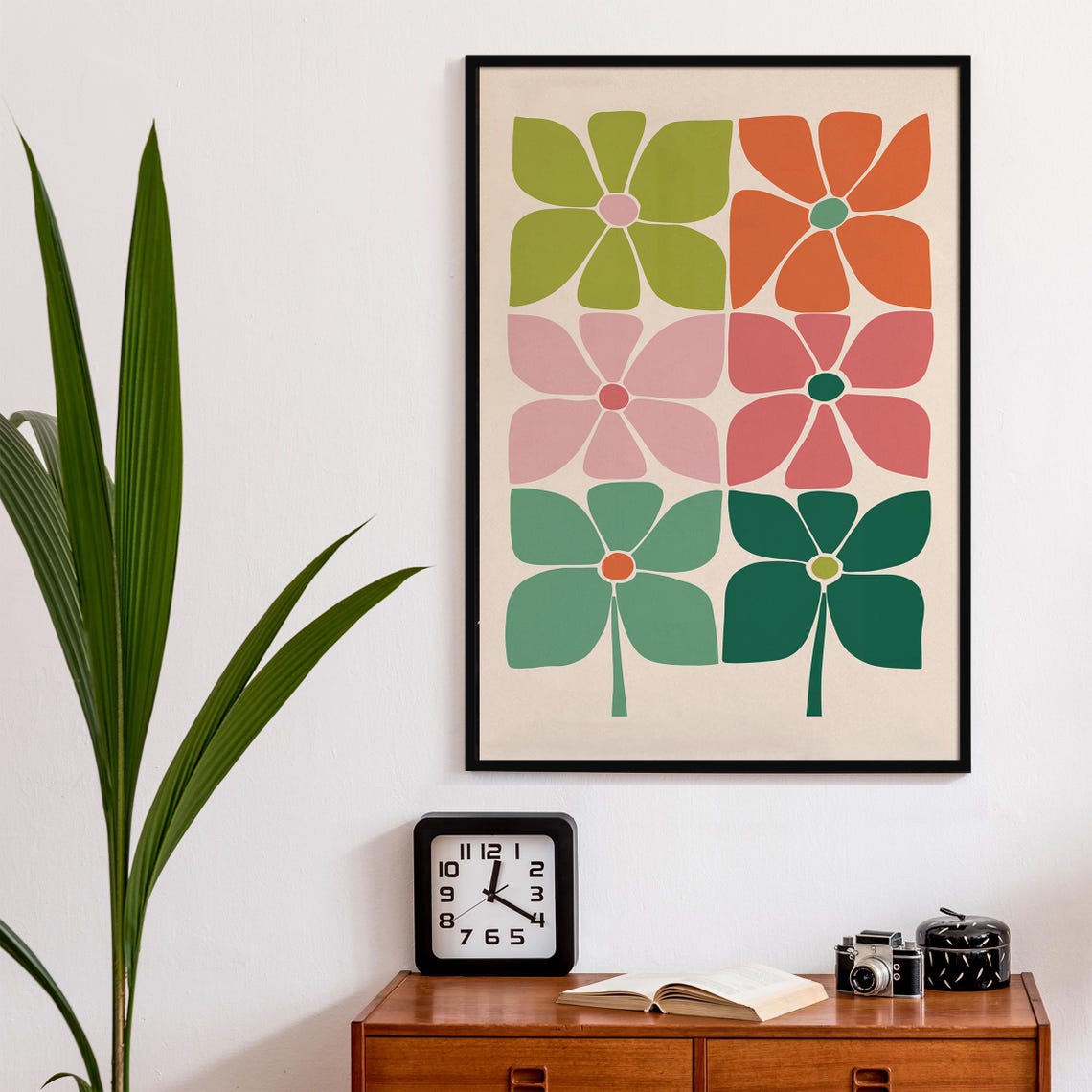 70s Retro Grid of Six Bold Colorful Flowers Floral Art Poster - Image 2