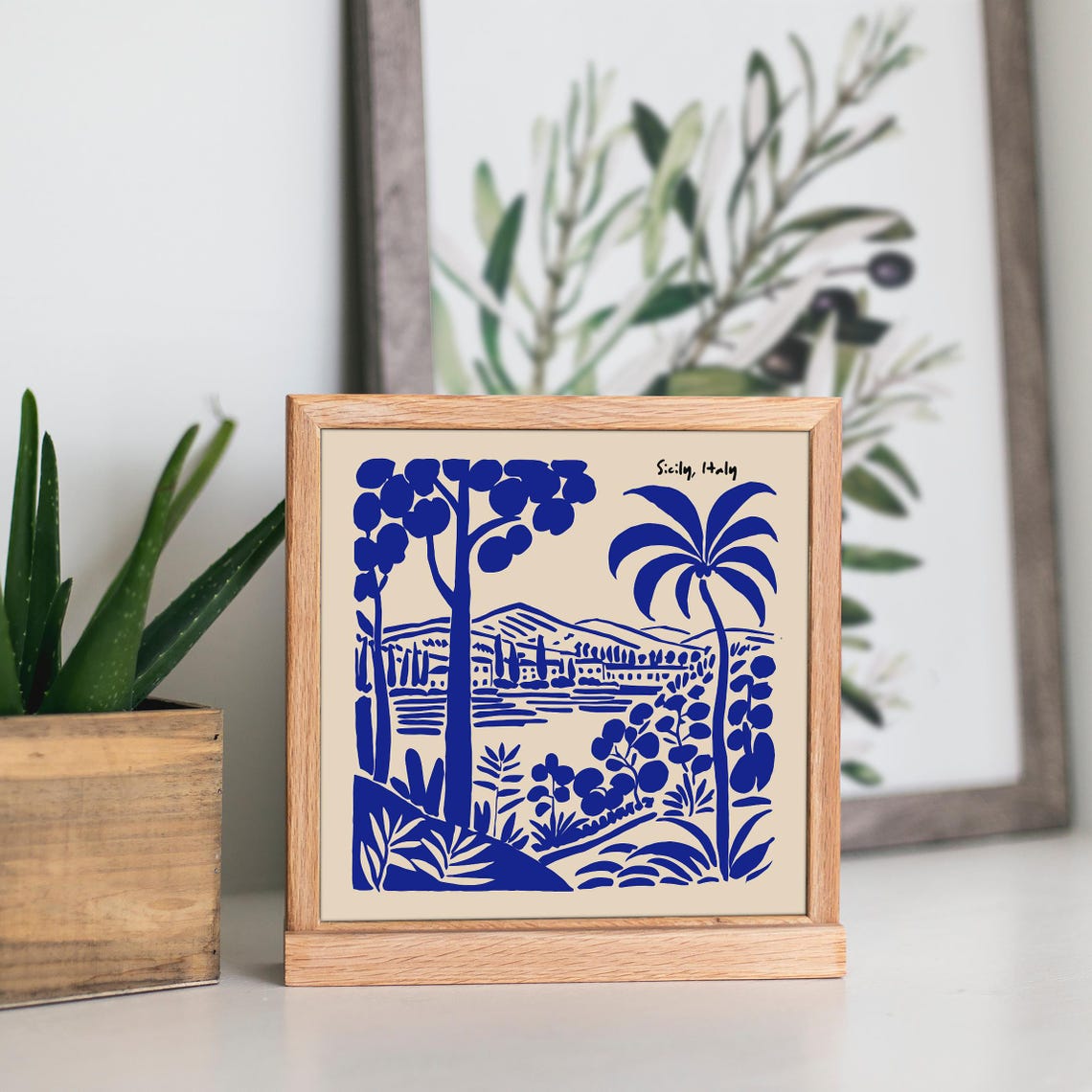 Sicily Italy Blue Ink Palm Landscape Linocut Travel Wall Poster - Image 5