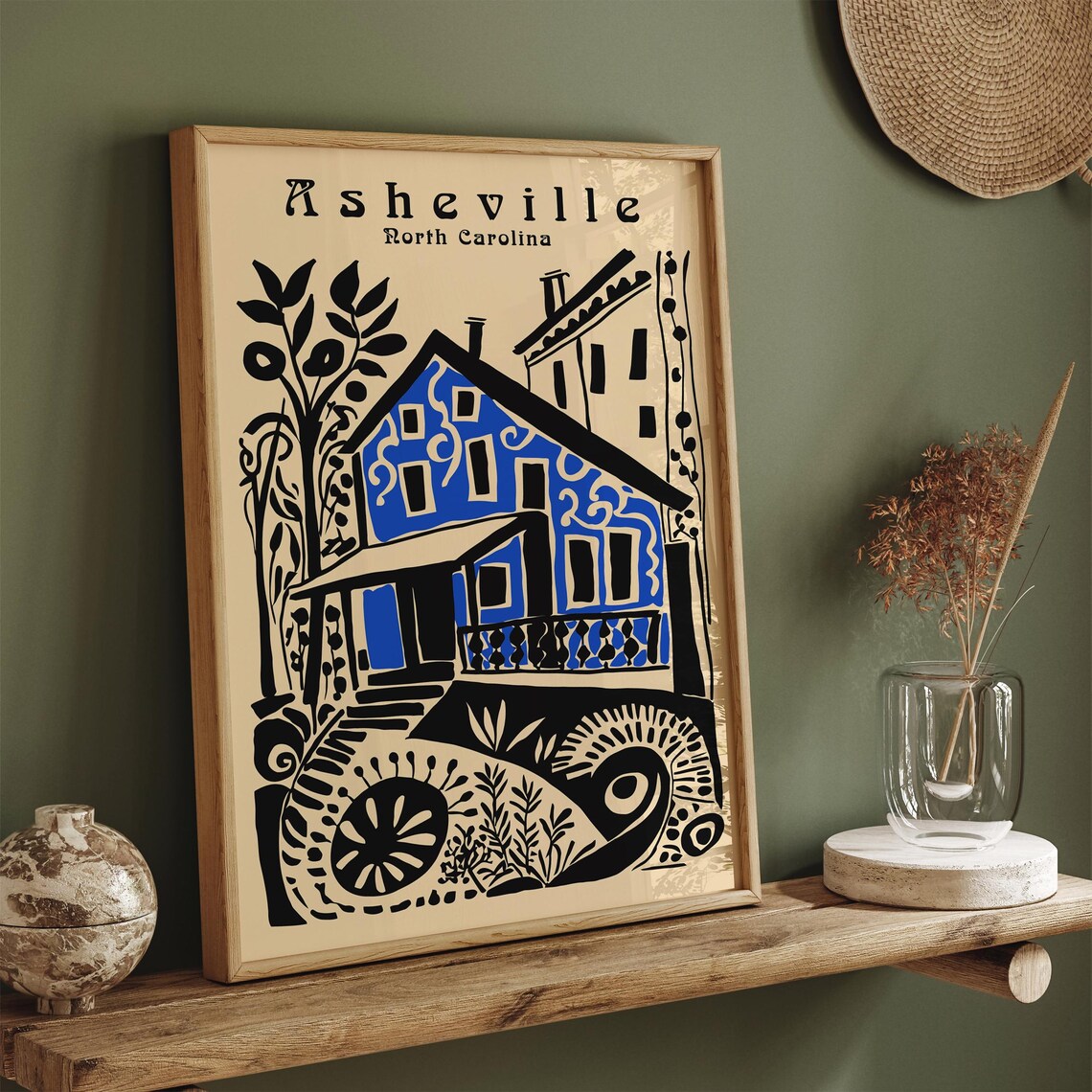 Asheville North Carolina Blue House Boho Folk Art Travel Poster - Image 2