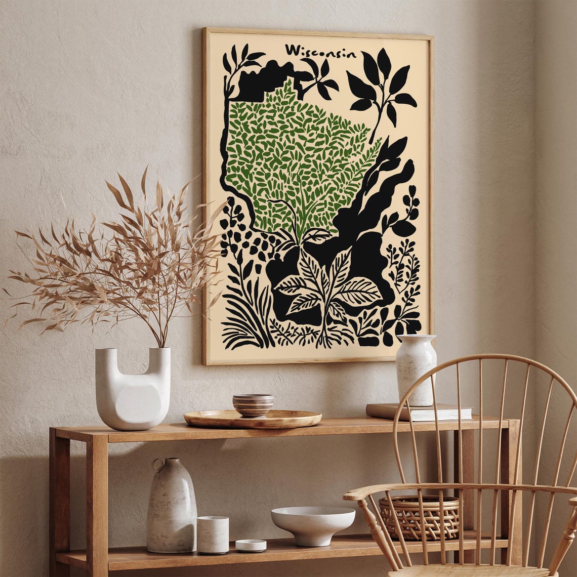 Wisconsin State Map Botanical Leaf Illustration Graphic Poster - Image 3