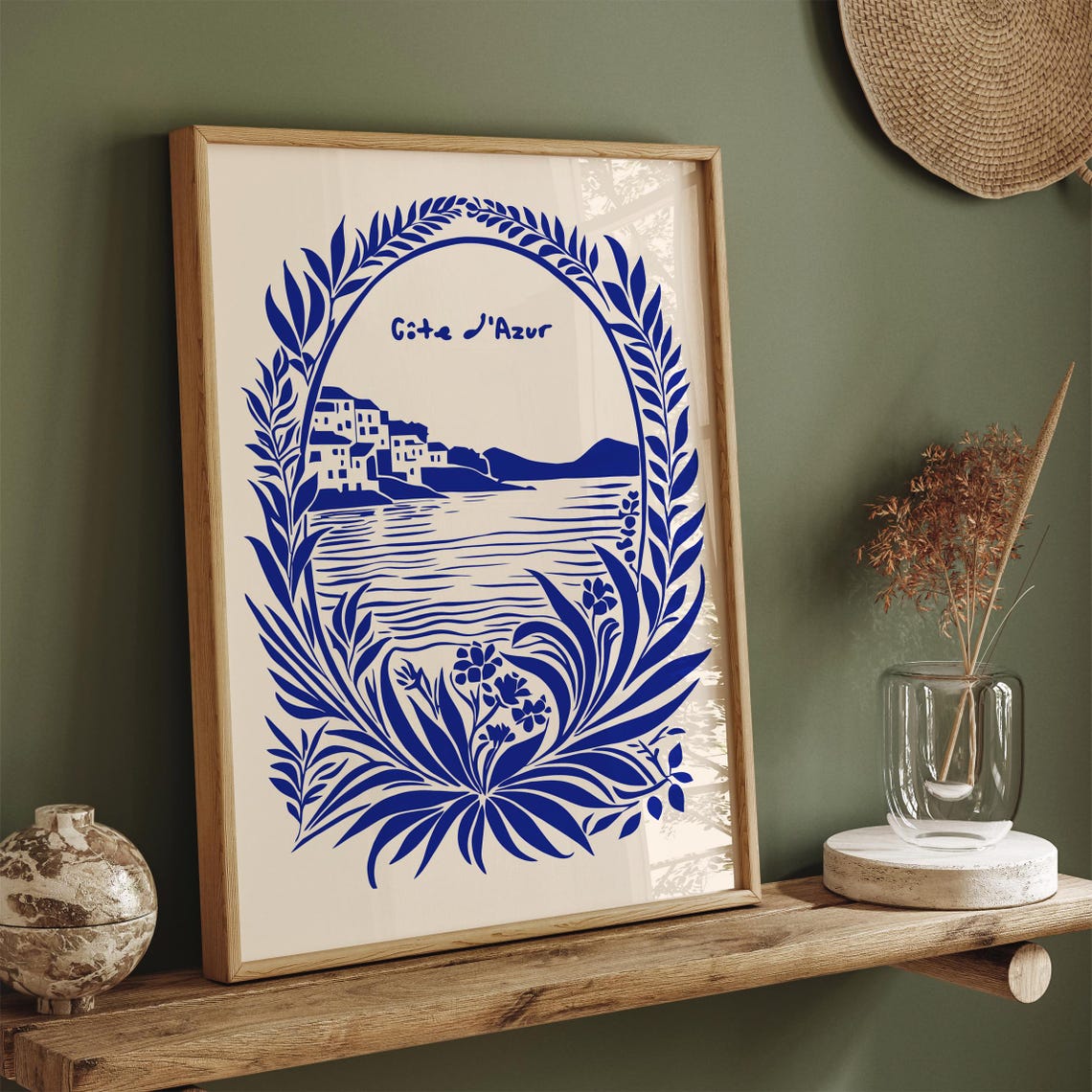 Cote d'Azur Indigo Blue Coastal Village Laurel Wreath Poster - Image 5