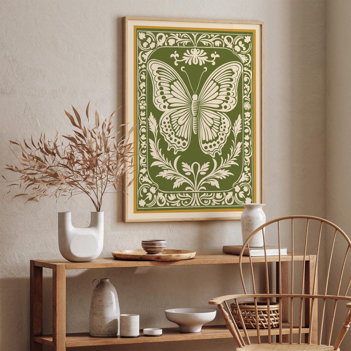 Green Rococo Butterfly Poster with Ornate Botanical Border Art - Image 2