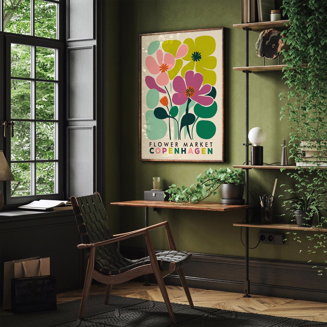 Bold Colorful Flower Market Copenhagen Mid Century Floral Poster - Image 2