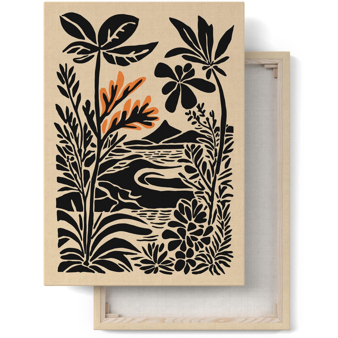 Tropical Silhouette Island Landscape Modern Linocut Style Poster