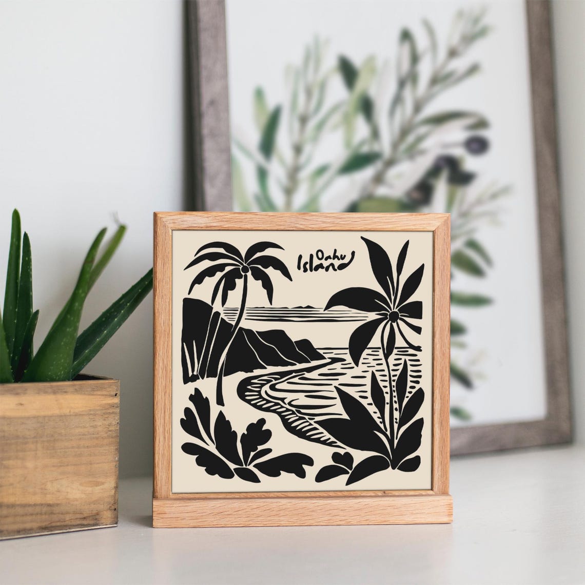 Oahu Island Black White Palm Cove Beach Square Graphic Art Poster - Image 4