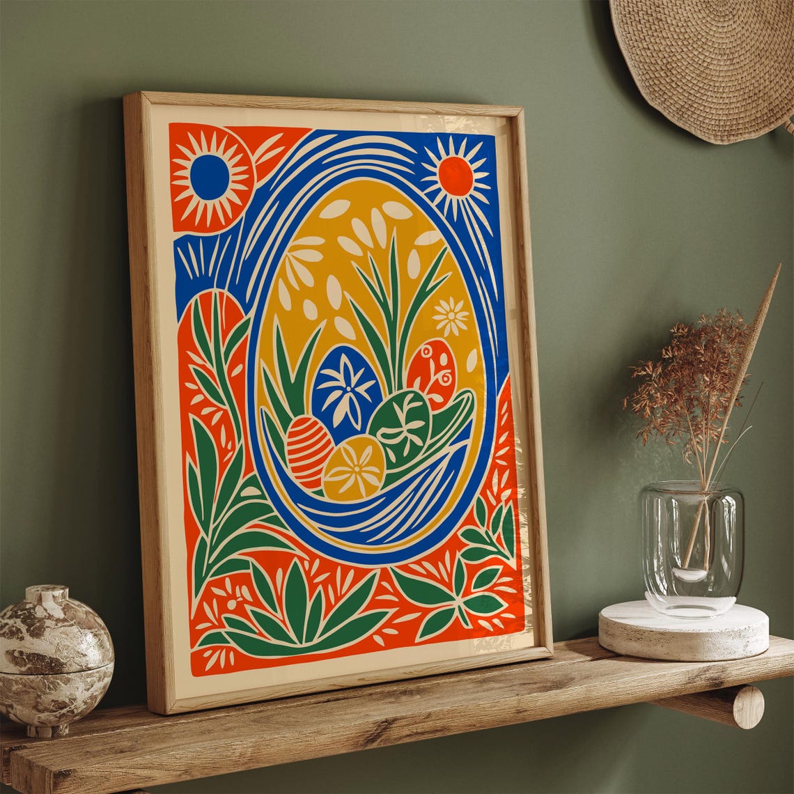 Folk Easter Basket Decorated Eggs Bold Colorful Spring Art Poster
