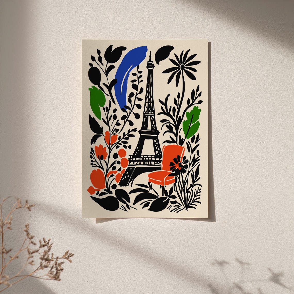 Paris Eiffel Tower Botanical Poster Red Chair and Abstract Leaves - Image 3