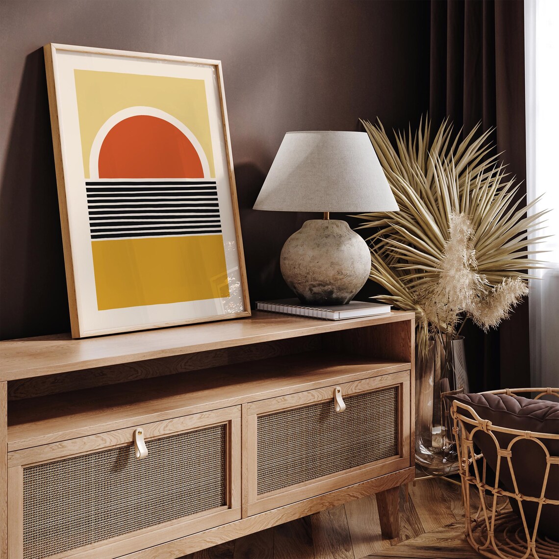 Mid Century Modern Geometric Sun Rising Over Striped Sea Poster - Image 2